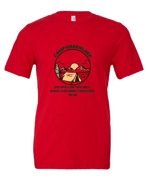 Camp Greenlake design on a red t-shirt
