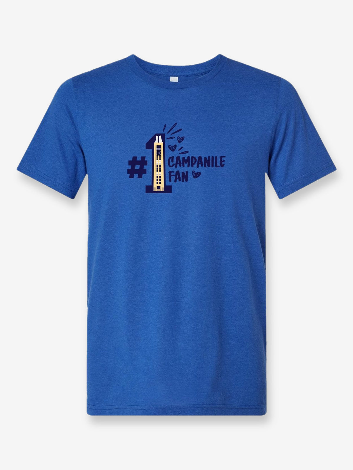 Campanile Fan on a royal blue t-shirt