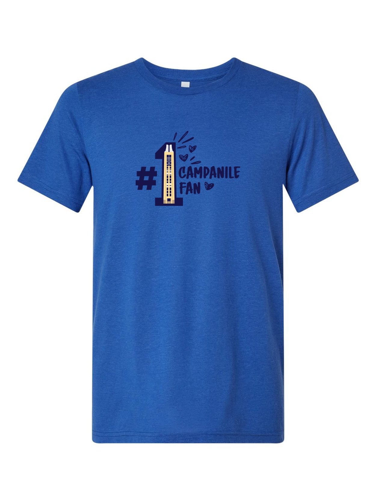 Campanile Fan on a royal blue t-shirt