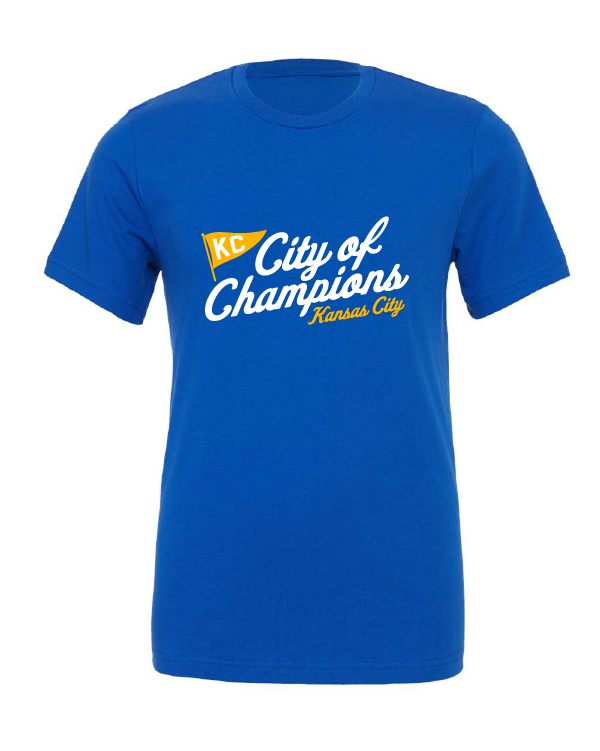 City of Champions design on a blue t-shirt