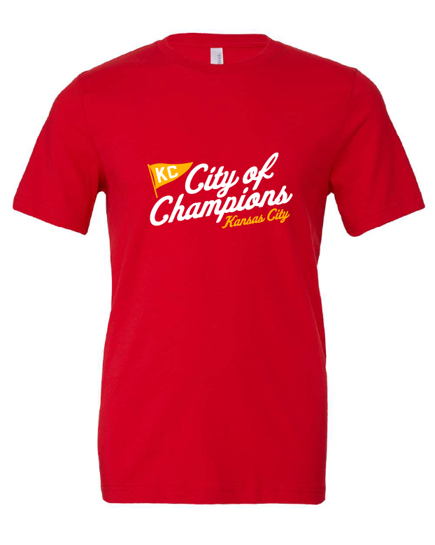 City of Champions design on a red t-shirt