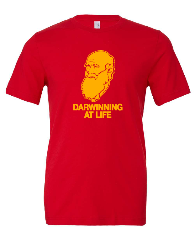 Darwinning At Life design on a red t-shirt