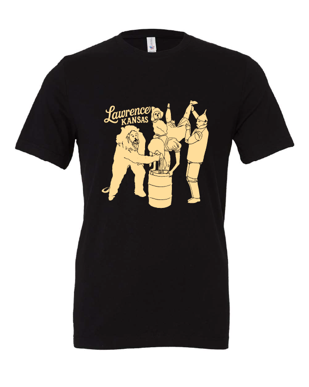 wizard of oz dorothy tin man scarecrow cowardly lion movie keg drinking drunk party funny kansas black tshirt t-shirt   