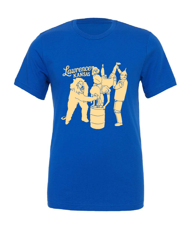 wizard of oz dorothy tin man scarecrow cowardly lion movie keg drinking drunk party funny kansas blue tshirt t-shirt   