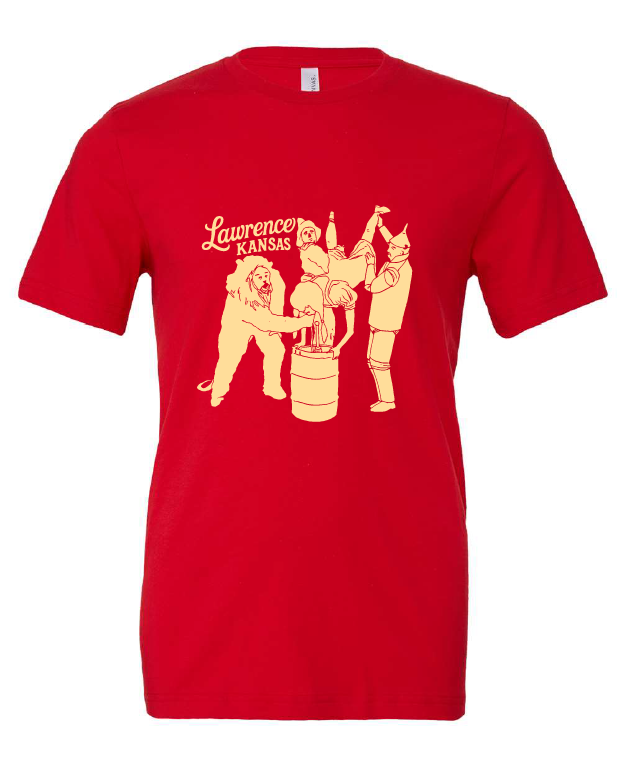 wizard of oz dorothy tin man scarecrow cowardly lion movie keg drinking drunk party funny kansas red tshirt t-shirt   