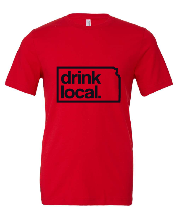 Drink Local design on a red t-shirt