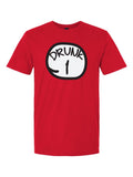Drunk 1 costume design on a red t-shirt