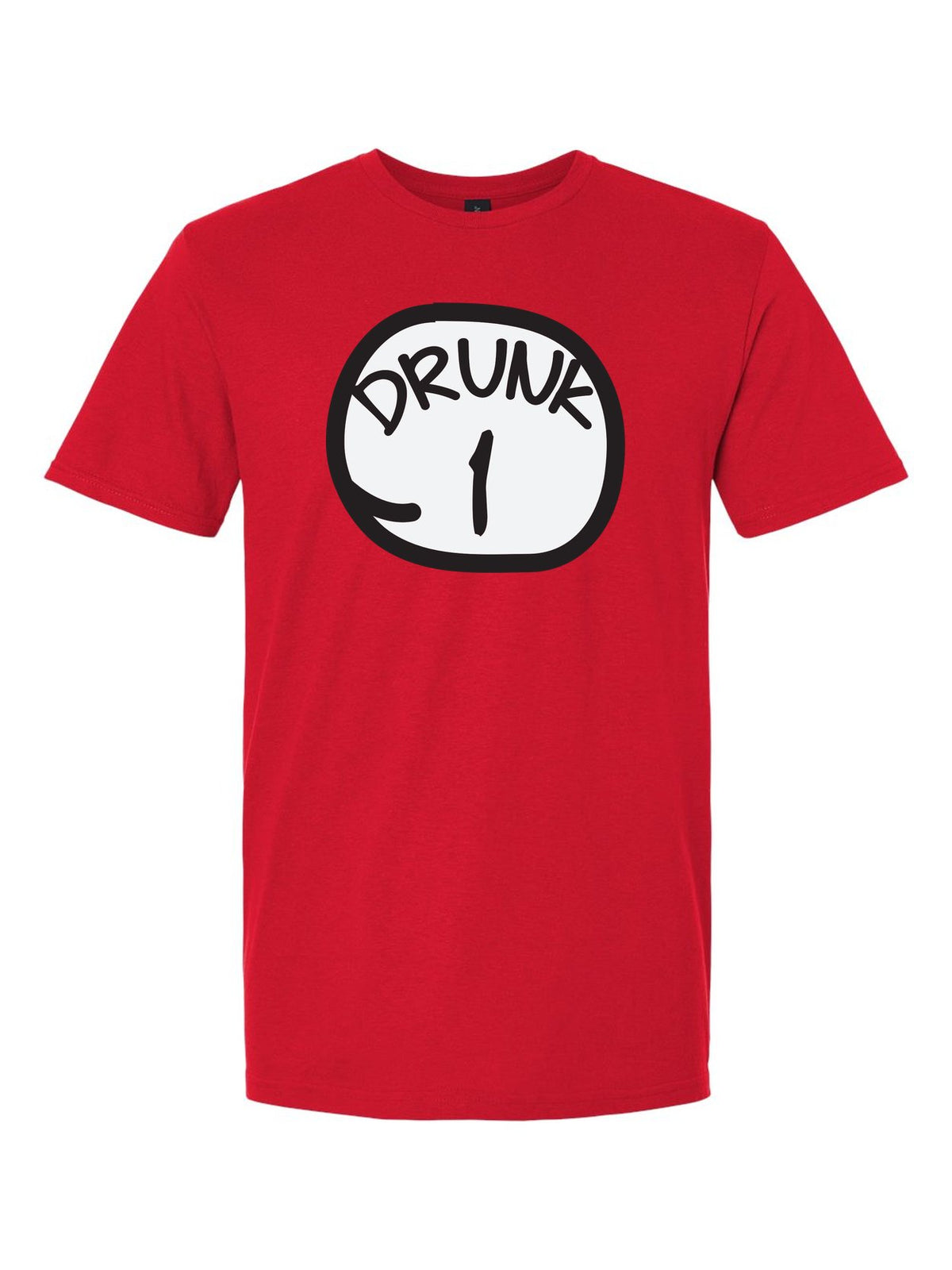 Drunk 1 costume design on a red t-shirt