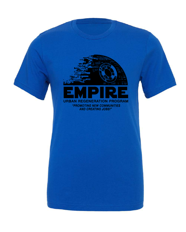EMPIRE Urban Regeneration Program design on a blue t-shirt