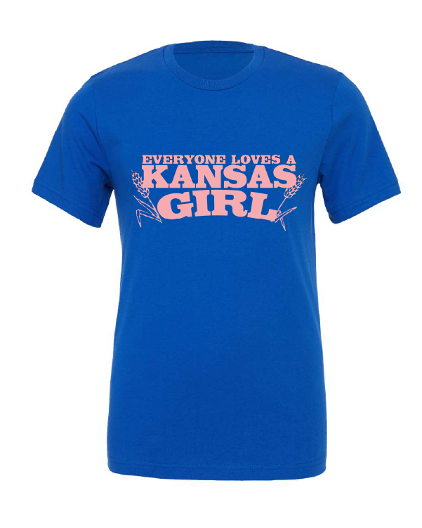 Everyone Loves a Kansas Girl design on a blue t-shirt
