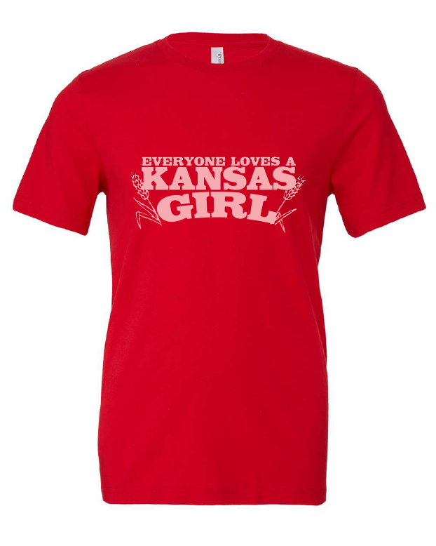 Everyone Loves a Kansas Girl design on a red t-shirt