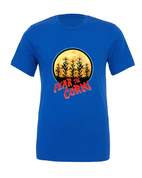 Fear the Corn design on a blue t-shirt