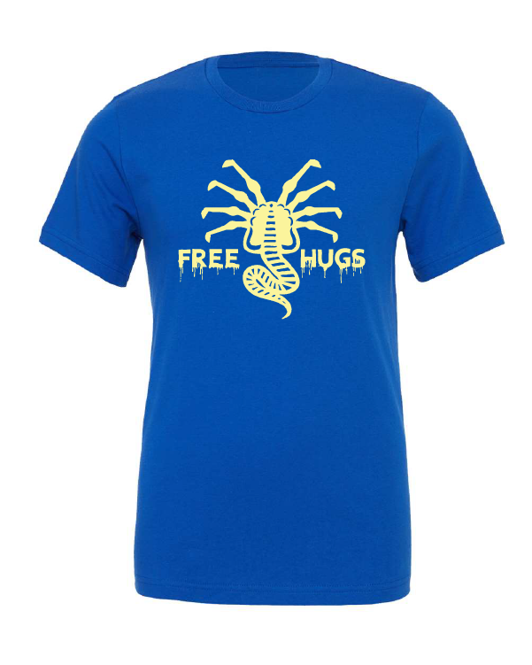 Free Hugs design on a blue t-shirt