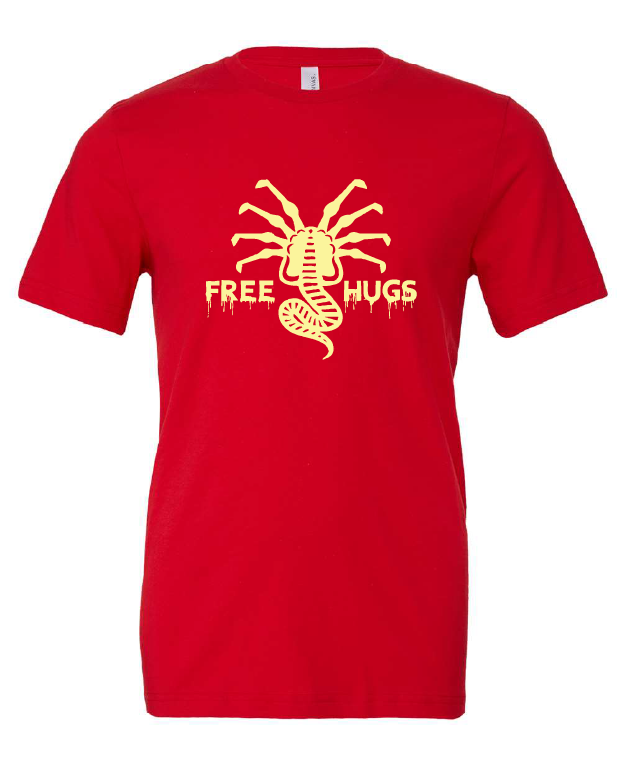 Free Hugs design on a red t-shirt