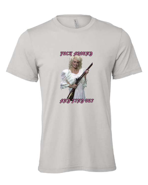 Fuck Around and Find Out design on a gray t-shirt
