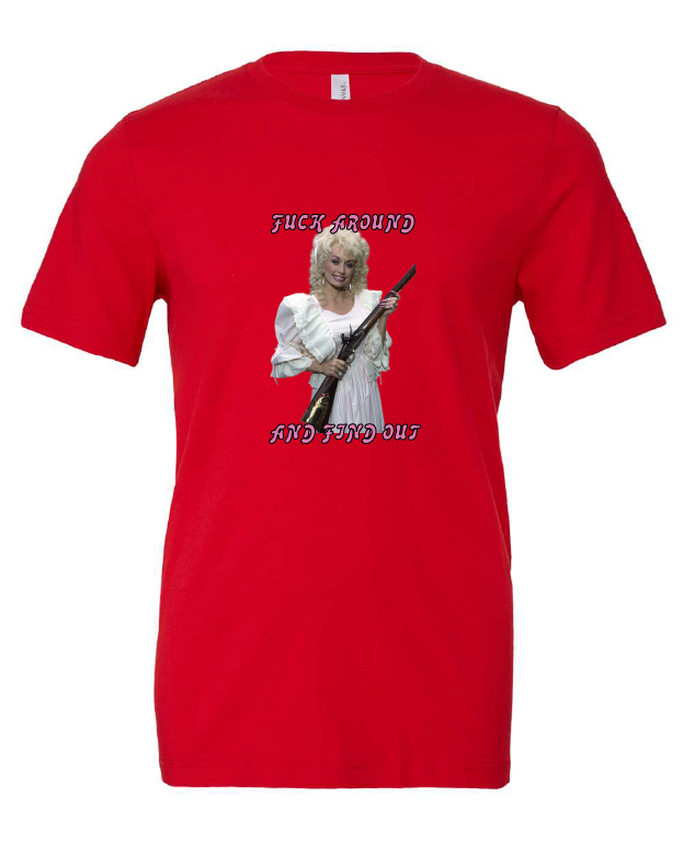 Fuck Around and Find Out design on a red t-shirt