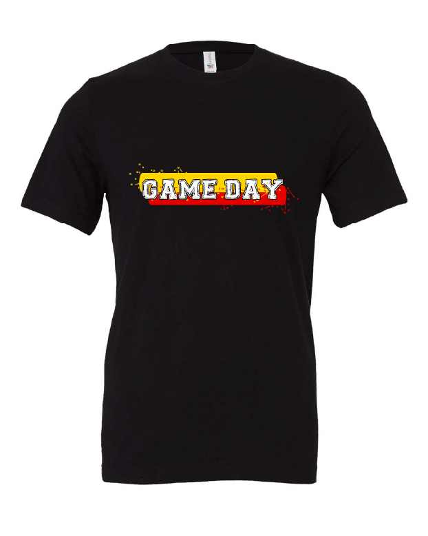 Game Day Red and Yellow design on a black t-shirt