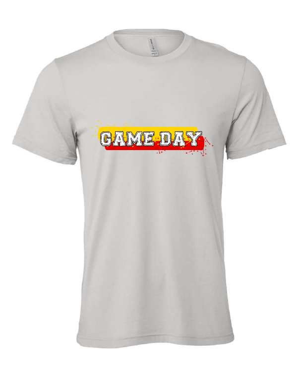 Game Day Red and Yellow design on a gray t-shirt