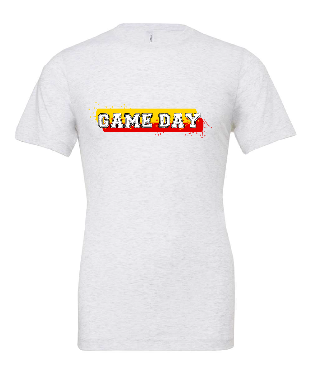 Game Day Red and Yellow design on a white t-shirt