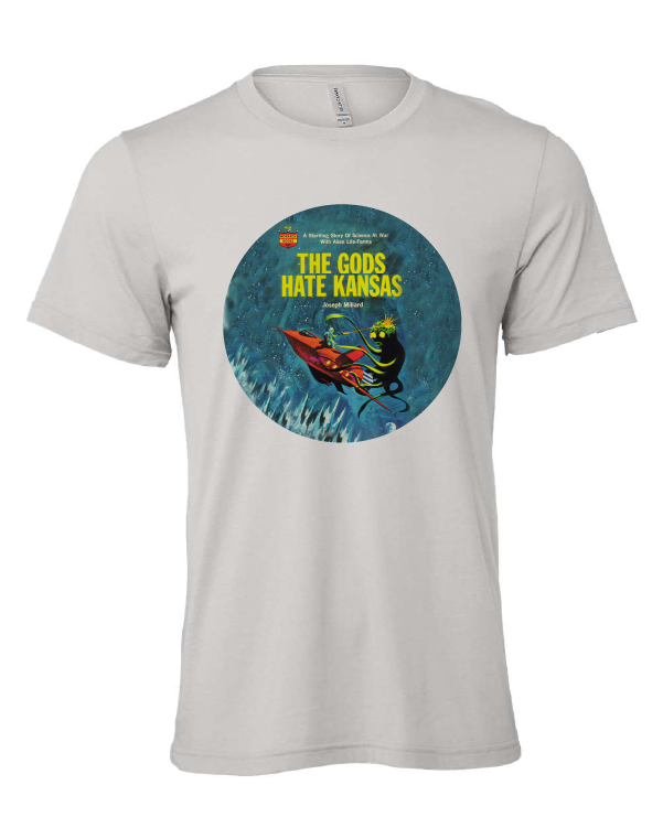 The Gods Hate Kansas design on a gray t-shirt