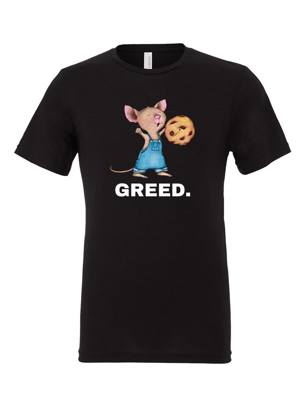 GREED design on a black t-shirt