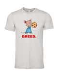 GREED design on a gray t-shirt