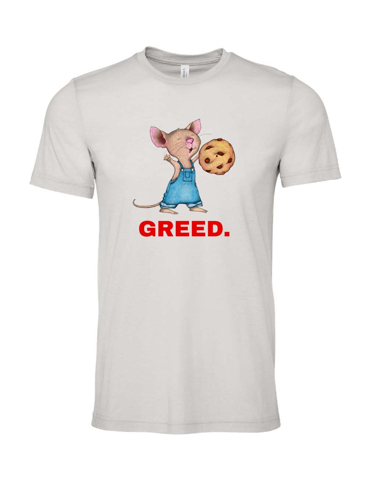 GREED design on a gray t-shirt