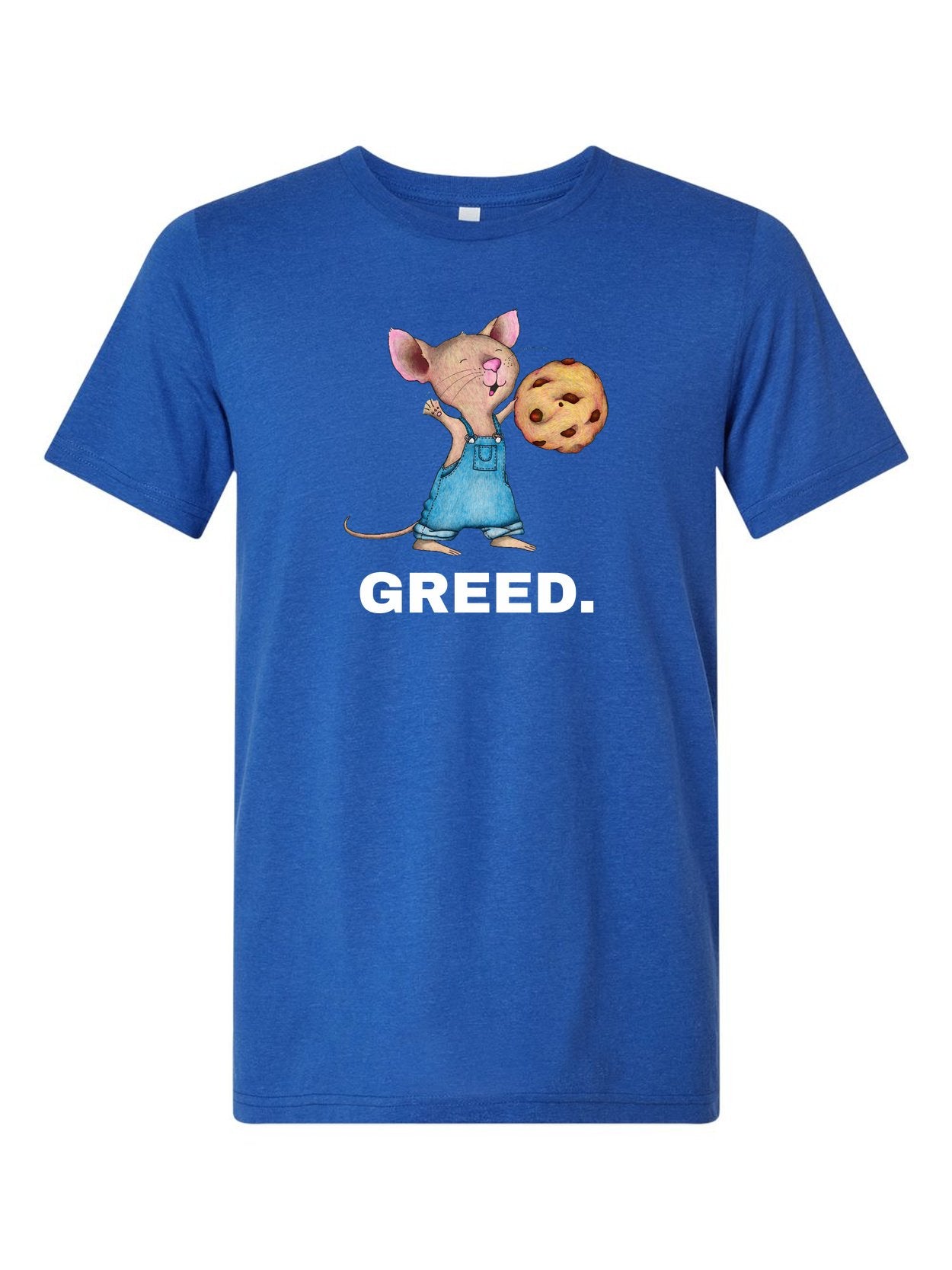 GREED design on a blue t-shirt