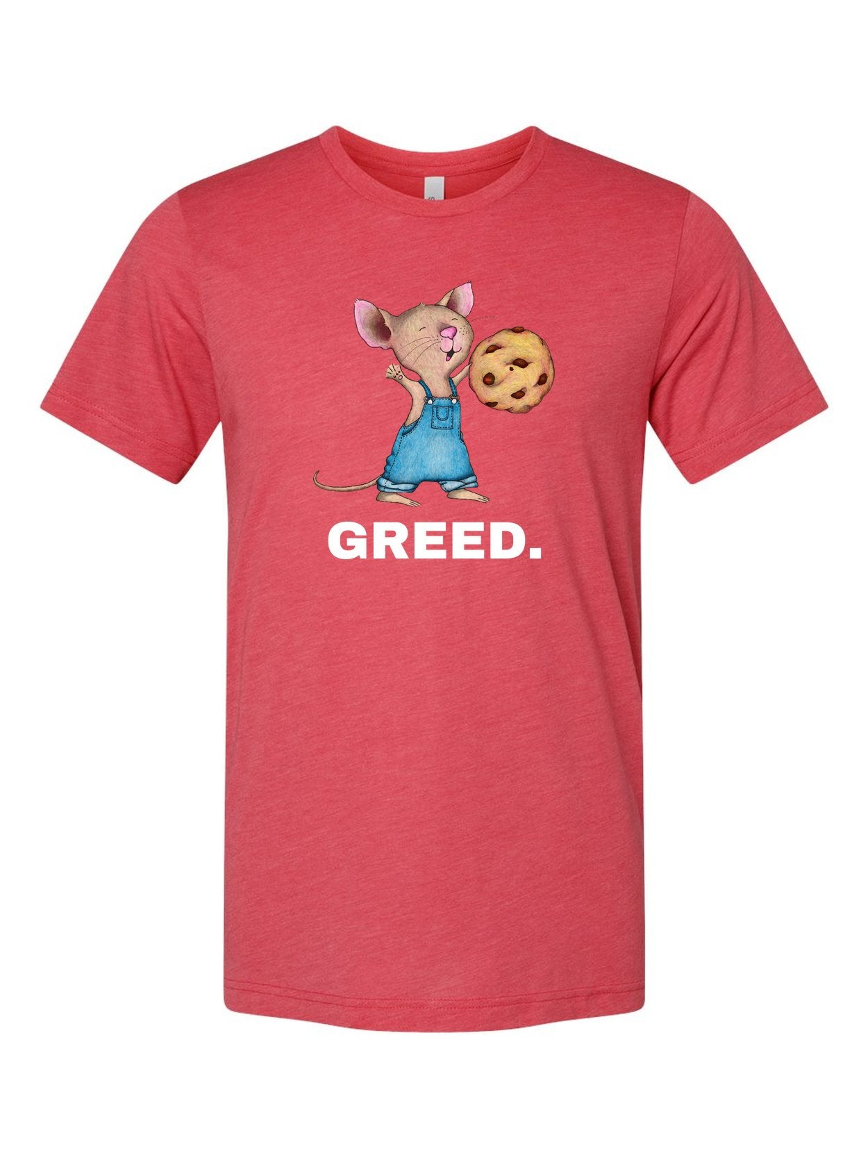 GREED design on a red t-shirt