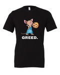 GREED design on a black t-shirt