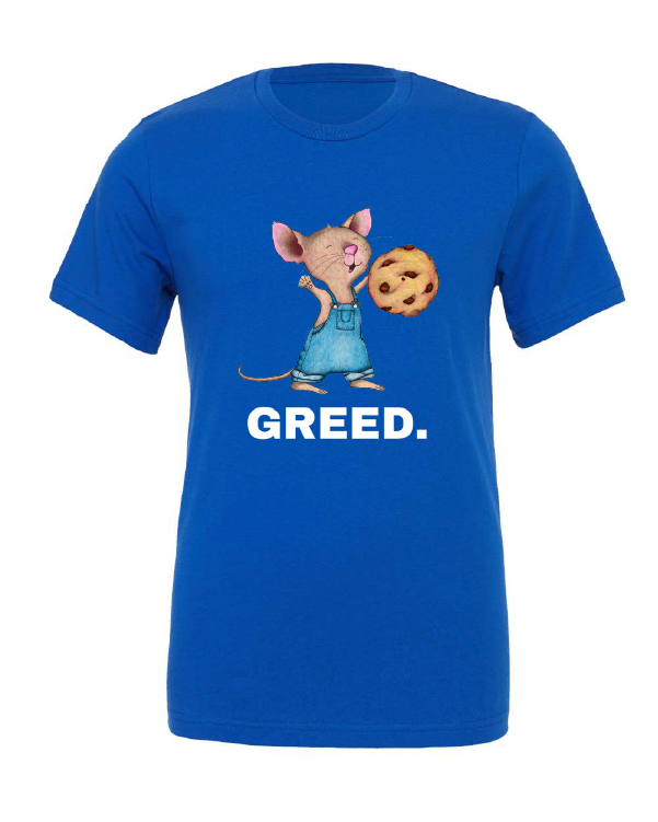 GREED design on a blue t-shirt