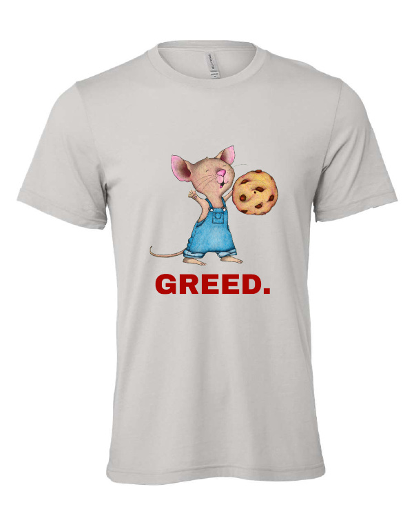 GREED design on a gray t-shirt