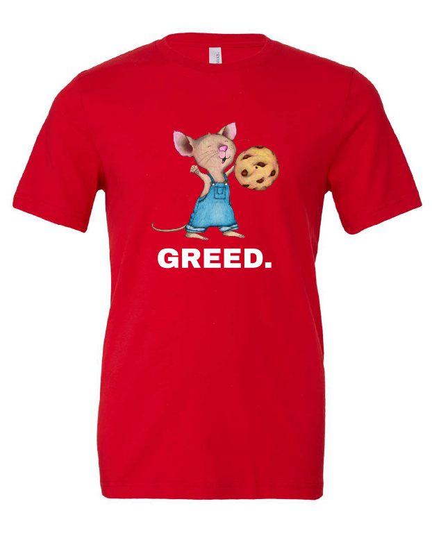 GREED design on a red t-shirt