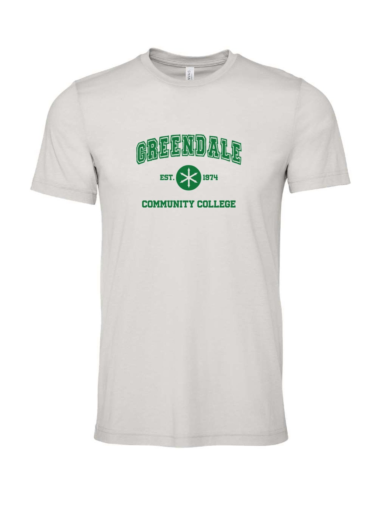 Greendale Community College on a cement gray t-shirt