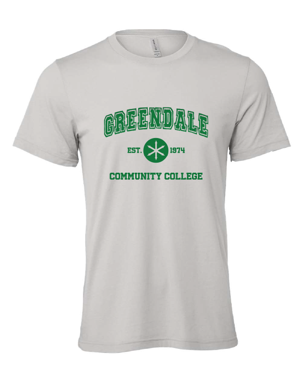 Greendale Community College design on a gray t-shirt