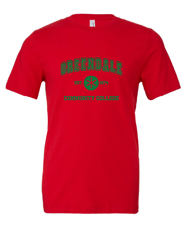 Greendale Community College design on a red t-shirt