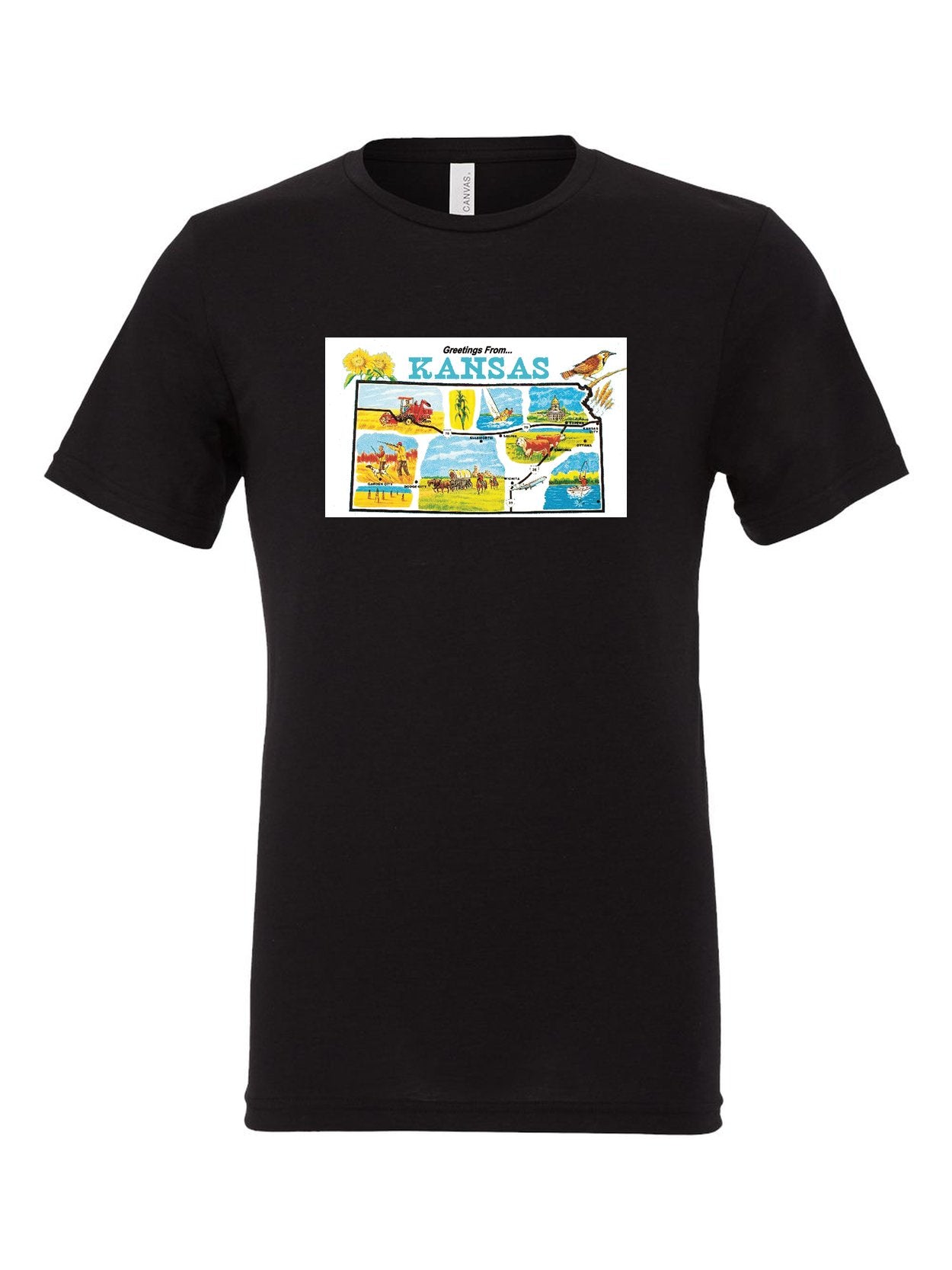 Greetings from Kansas on a black t-shirt