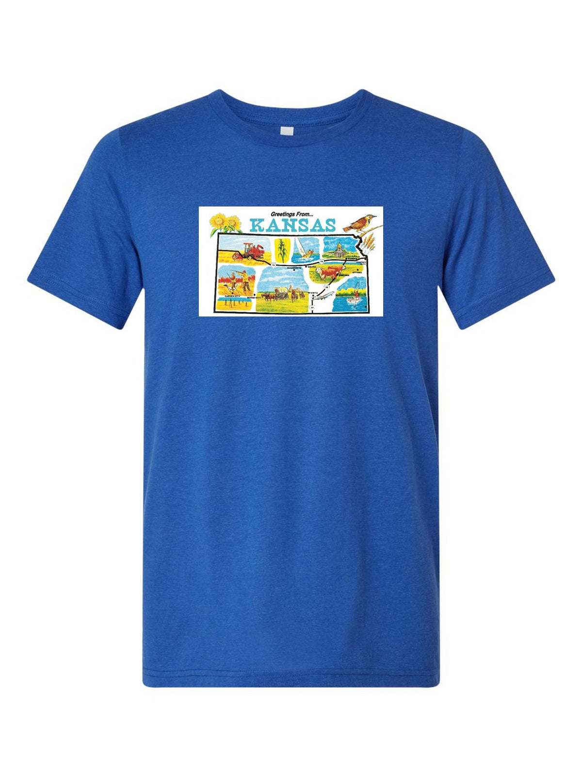 Greetings from Kansas on a royal blue t-shirt