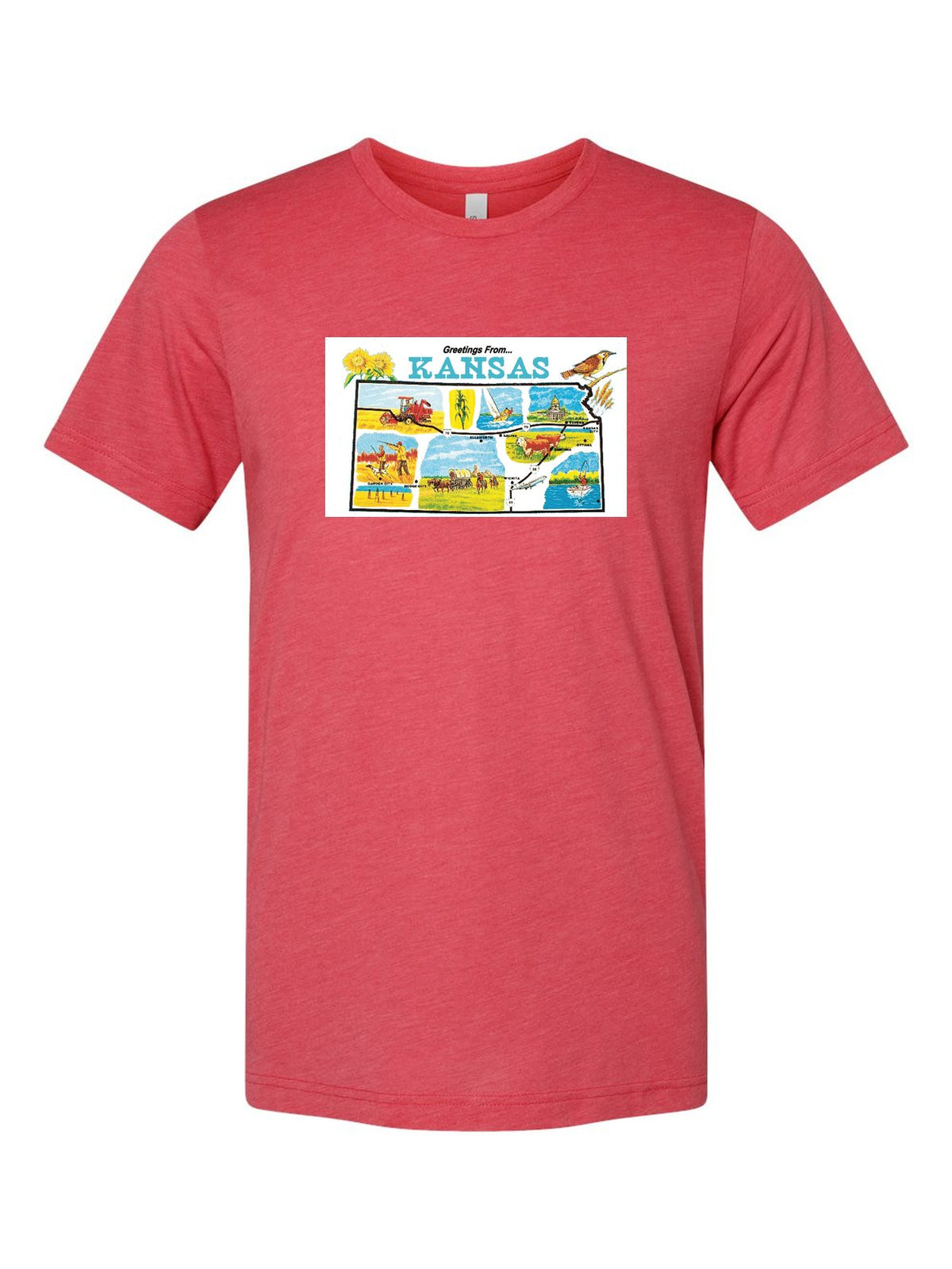 Greetings from Kansas on a true red t-shirt