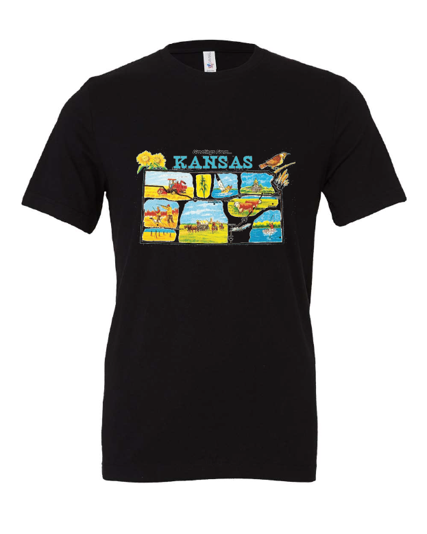 Greetings from Kansas design on a black t-shirt