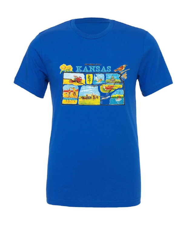 Greetings from Kansas design on a blue t-shirt
