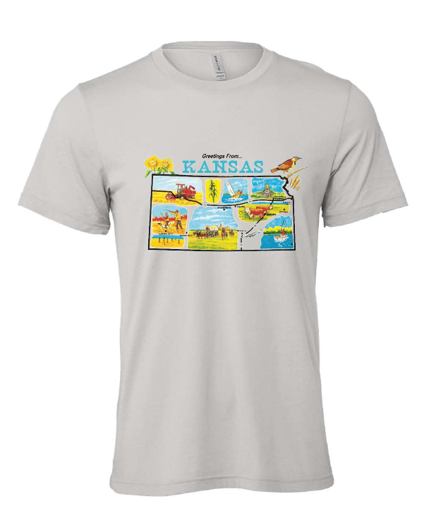 Greetings from Kansas design on a gray t-shirt