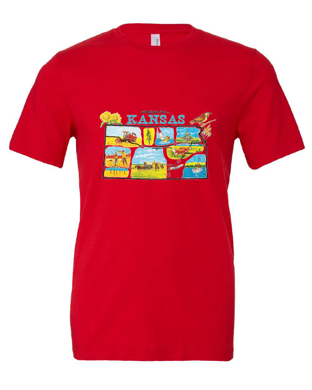 Greetings from Kansas design on a red t-shirt