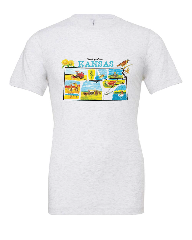 Greetings from Kansas design on a white t-shirt