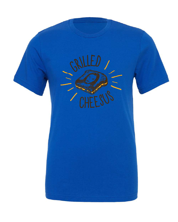 Grilled Cheesus design on a blue t-shirt