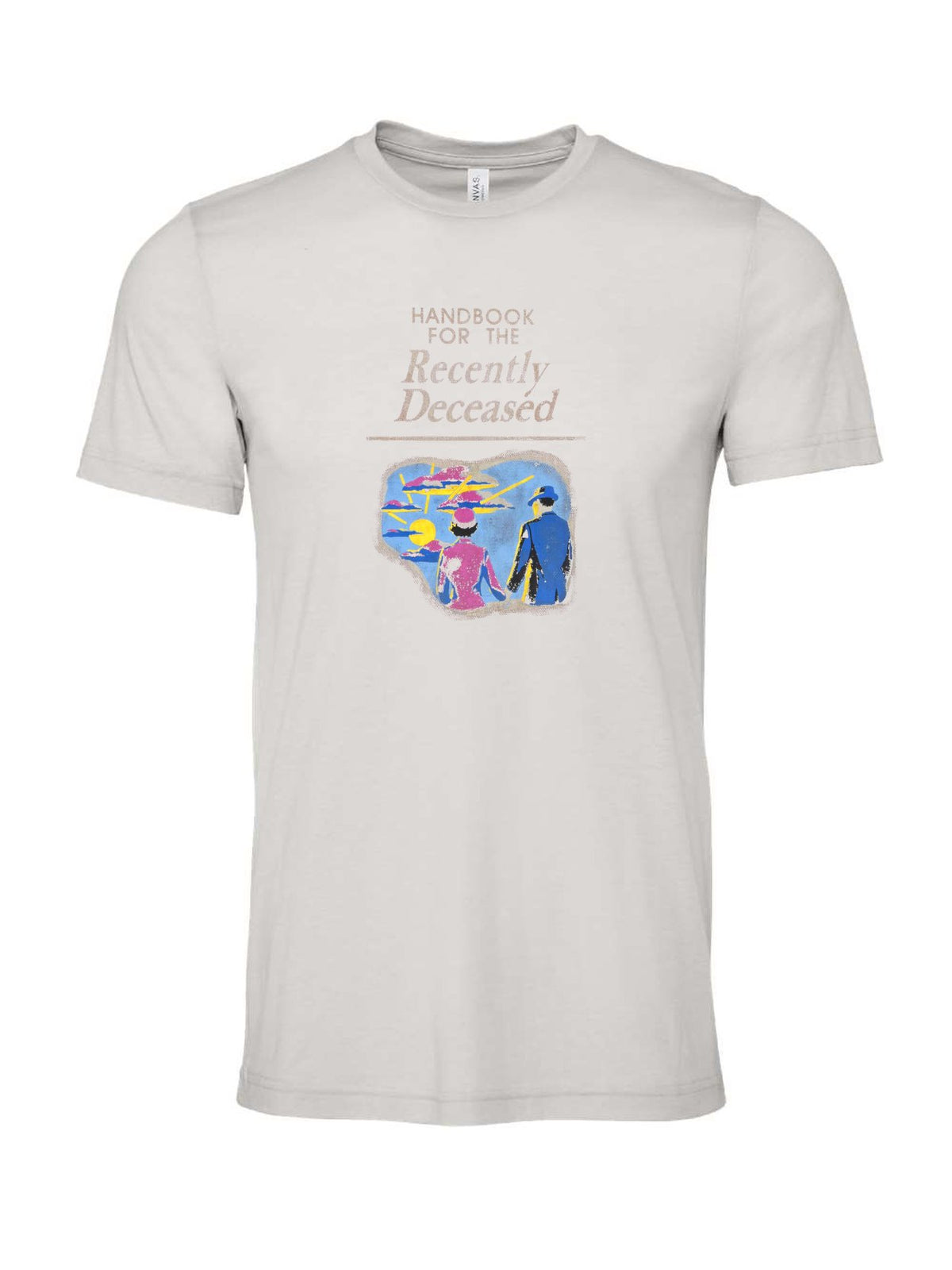 Handbook for the Recently Deceased on a cement gray t-shirt