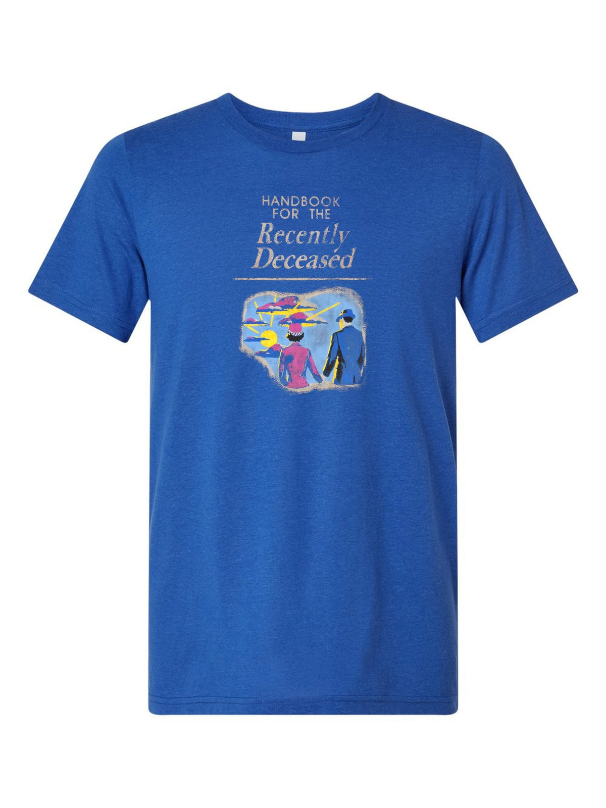 Handbook for the Recently Deceased on a royal blue t-shirt