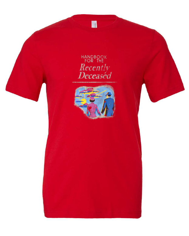 Handbook for the Recently Deceased design on a red t-shirt