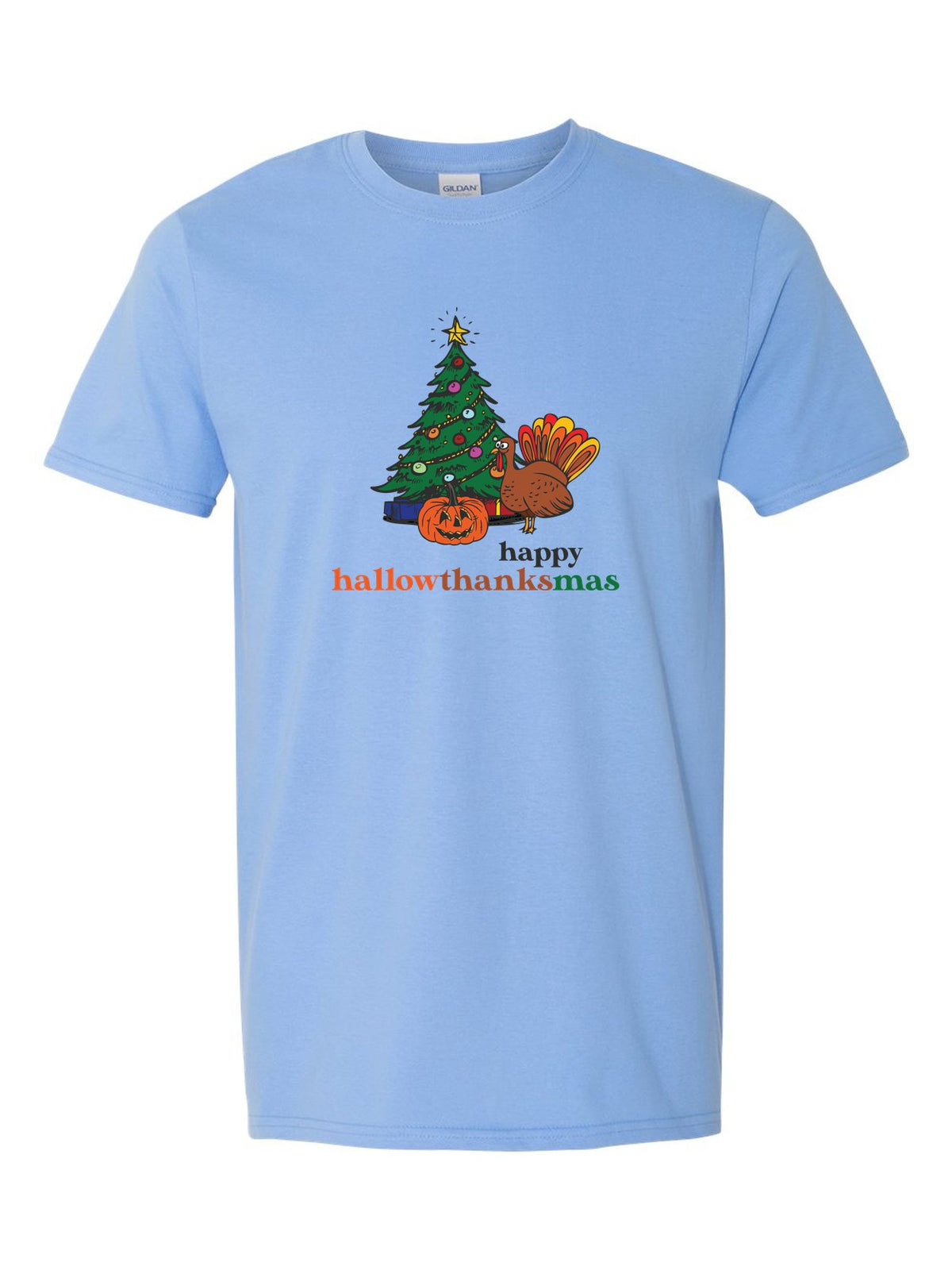 Happy Hallowthanksmas on a blue t-shirt