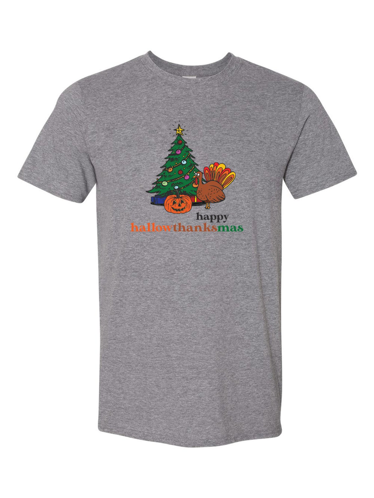 Happy Hallowthanksmas on a gray t-shirt